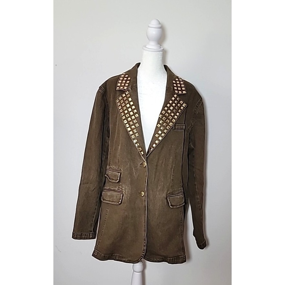 DG2 Diane Gilman Size 2X Gold Square Stud Lapel Brown Denim Jacket/Blazer